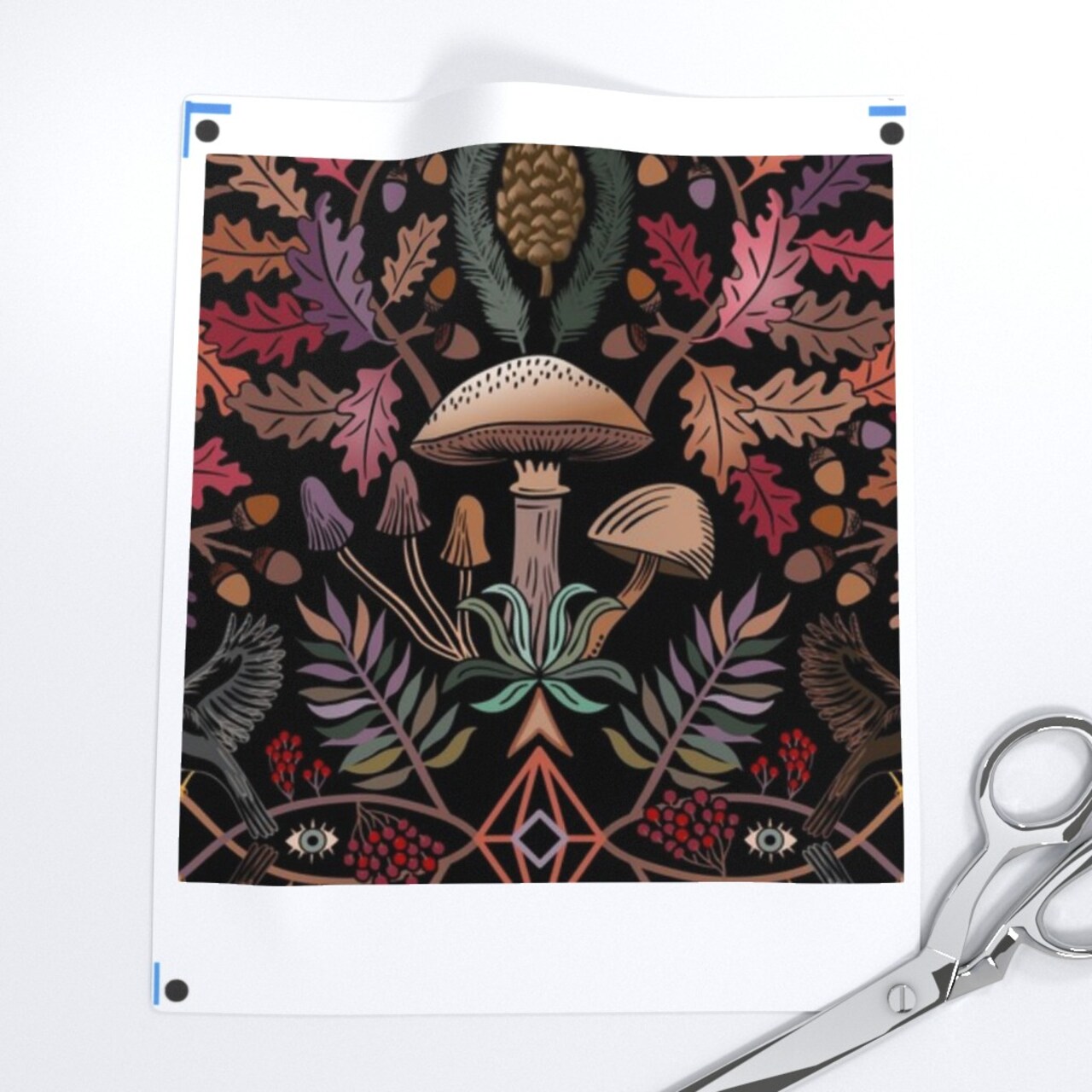 Autumn Botanical Kaleidoscope Oaks Acorns Mushrooms Custom Printed Fabric by Spoonflower Various Fabrics by the Yard or Fat Quarter